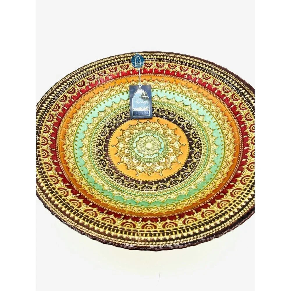 Turkish Glass Round Bowl Dinner Display Gold Oriental Lace 16” W 3” D